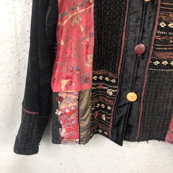 Retro Jacket Womens Medium Black Patchwork Velvet Embroidered Bohemian Tapestry - Picture 7 of 16